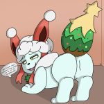  1:1 absurd_res all_fours ambiguous_gender butt christmas darknetic digital_media_(artwork) eeveelution english_text eyebrows fak&eacute;mon feral fur gifteon green_eyes green_sclera hi_res holidays leaning leaning_forward looking_back nintendo open_mouth pok&eacute;mon pok&eacute;mon_(species) presenting presenting_hindquarters red_body red_fur sassy simple_background solo star teasing text tongue tree_tail turquoise_fur video_games white_body white_fur 