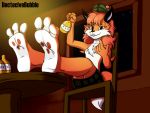  3_toes anthro beckoning bedroom_eyes canid canine clothed clothing detectivebubble drunk drunk_bubbles english_text feet_on_table female fox gesture looking_at_viewer mammal narrowed_eyes pawpads seductive signature sitting solo substance_intoxication text toes topless wrinkled_feet xxx 