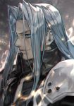 1boy armor black_coat blue_eyes coat final_fantasy final_fantasy_vii high_collar hungry_clicker long_hair male_focus parted_lips profile sephiroth shoulder_armor silver_hair simple_background smile solo upper_body 