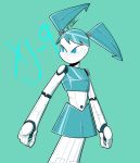  2020 5_fingers blue_body blue_eyes blue_hair d-t0m female fingers green_background hair hi_res humanoid jenny_wakeman looking_aside machine metal my_life_as_a_teenage_robot navel nickelodeon not_furry pigtails robot signature simple_background solo text white_body 