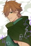  1boy bangs brown_hair cloak eyebrows_visible_through_hair fate/extra fate_(series) green_cloak green_eyes green_shirt hair_over_one_eye karokuchitose male_focus parted_lips robin_hood_(fate) shirt sleeveless sleeveless_shirt smile solo upper_body v-shaped_eyebrows 