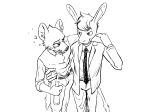  2020 absurd_res aggressive_retsuko anthro arm_over_shoulder asinus belt black_and_white bottle bottomwear clothed clothing donkey dress_shirt drunk duo equid equine eye_contact ffog haida hair hi_res hyaenid jacket looking_at_another male mammal monochrome necktie open_clothing open_jacket open_topwear pants sanrio shirt simple_background spotted_hyena standing substance_intoxication tadano_(aggretsuko) topwear white_background 