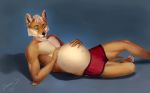 2020 anatomy anthro athletic athletic_anthro athletic_male bottomwear canid canine canis clothing coyote digital_media_(artwork) dimonis fur male male_pregnancy mammal muscular muscular_anthro muscular_male pregnant shorts signature simple_background smile solo watermark 