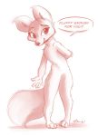  2020 ? anthro canid canine dialogue english_text female fluffy fluffy_tail full-length_portrait hi_res looking_at_viewer mammal monochrome nude portrait question ribbontini signature simple_background smile solo speech_bubble text white_background 