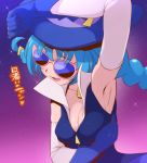  1girl armpits blue_gloves blue_hair braid breasts cleavage e_keroron elbow_gloves gloves hat long_hair open_mouth precure smile solo star_(sky) star_twinkle_precure sunglasses sweat twin_braids yuni_(precure) 