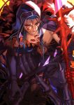  absurdres armor bare_pecs blue_hair chest_tattoo cu_chulainn_(fate)_(all) cu_chulainn_alter_(fate/grand_order) curruid_coinchenn fate/grand_order fate_(series) gae_bolg glowing glowing_eyes gouichi highres hood polearm red_eyes sharp_teeth spear spikes squatting tattoo teeth weapon 