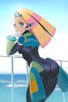  1girl alternate_breast_size android ass bent_over blonde_hair blue_eyes blue_sky breasts cao_hong_anh gloves highres looking_at_viewer looking_back medium_breasts ocean palette_(rockman) robot_ears rockman rockman_x sky solo twintails 