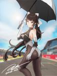  1girl 2020 ass azur_lane bare_shoulders bodystocking bow breasts brown_hair cleavage_cutout clothing_cutout elbow_gloves extra_ears gloves hair_flaps highres holding holding_umbrella janload1ng long_hair looking_at_viewer medium_breasts multicolored_leotard race_queen racetrack signature solo takao_(azur_lane) takao_(full_throttle_charmer)_(azur_lane) two-tone_gloves two-tone_leotard umbrella very_long_hair white_bow 