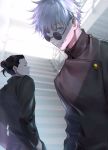  2boys bangs black_eyes black_hair black_jacket blue_eyes cst ear_piercing eyebrows_visible_through_hair gakuran getou_suguru gojou_satoru hair_between_eyes hair_bun hair_pulled_back hands_in_pockets highres indoors jacket jujutsu_kaisen long_sleeves looking_at_viewer male_focus multiple_boys piercing profile round_eyewear school_uniform short_hair sideways_glance smile stairs sunglasses upper_body white_hair 