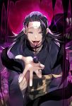  1boy aura ball black_hair black_kimono bleeding blood blood_on_face dripping eyebrows_visible_through_hair getou_suguru hand_up japanese_clothes jujutsu_kaisen kimono long_hair male_focus monster open_mouth pink_background purple_eyes sal scar_on_forehead solo teeth tongue tongue_out wide_sleeves 