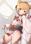  1girl :o andira_(granblue_fantasy) animal_ears bangs bed_sheet blonde_hair blush breasts commentary detached_sleeves dutch_angle eyebrows_visible_through_hair granblue_fantasy hair_between_eyes highres leotard long_sleeves looking_at_viewer lying monkey_ears on_back parted_lips red_eyes sleeves_past_wrists small_breasts solo symbol_commentary thighhighs two_side_up uneg white_legwear white_leotard white_sleeves wide_sleeves 