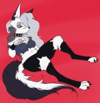  2020 anthro black_nose breasts canid canid_demon cheek_tuft clothing collar demon eyebrows facial_tuft fakeanna freckles fur grey_body grey_fur half-closed_eyes hellhound helluva_boss hi_res leggings legwear loona_(vivzmind) mammal narrowed_eyes navel notched_ear red_background red_sclera simple_background slightly_chubby solo torn_clothing tuft white_body white_eyes white_fur 