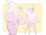  2020 anthro belly bottomwear bulge canid canine canis clothing domestic_dog duo eyes_closed hoodie humanoid_hands inunoshippo kemono male mammal overweight overweight_male pants topwear 