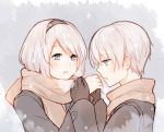  1boy 1girl black_gloves black_hairband blue_eyes blush breath gloves hairband holding_hands mole mole_under_mouth nier_(series) nier_automata no_blindfold scarf snowing winter_clothes wu_ye_bifang yorha_no._2_type_b yorha_no._9_type_s 