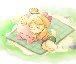  1girl 1other animal_crossing animal_ears blush_stickers closed_eyes dog_ears dog_girl dog_tail green_skirt hair_ornament hair_tie isabelle_(animal_crossing) kirby kirby_(series) long_sleeves lying ponytail skirt sleeping super_smash_bros. sweater tail tied_hair topknot tsubobot yellow_sweater 