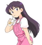  1girl bishoujo_senshi_sailor_moon black_hair breasts casual cup drinking_straw hand_up hino_rei holding holding_cup long_hair looking_at_viewer overalls pink_overalls purple_eyes shirt short_sleeves solo tsubobot wcdonalds white_shirt 