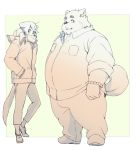  2020 anthro belly bottomwear canid canine canis clothing domestic_dog duo humanoid_hands inunoshippo kemono male mammal overweight overweight_male pants scarf shirt sweater topwear 