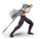  1boy 3d abs arm_up artist_request belt blue_eyes boots closed_mouth fighting_stance final_fantasy final_fantasy_vii forehead full_body grey_hair hair_intakes hand_up hands_together happy highres holding holding_sword holding_weapon katana long_hair looking_at_viewer male_focus muscle navel official_art pants purple_footwear purple_pants sephiroth shirtless smile solo standing stomach super_smash_bros. sword thigh_boots thighhighs transparent_background very_long_hair weapon 
