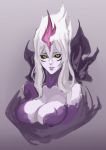  1girl absurdres bare_shoulders black_sclera breasts cleavage demon_girl evelynn_(league_of_legends) facial_mark gradient gradient_background hair_between_eyes highres league_of_legends lipstick makeup medium_hair multicolored multicolored_hair nsoll parted_lips purple_hair purple_lips purple_lipstick sketch slit_pupils solo upper_body white_hair yellow_eyes 