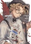  1boy artist_name black_background black_headwear black_nails black_neckwear blonde_hair boku_no_hero_academia bow bowtie collared_shirt dress_shirt earrings english_text facial_hair falling_feathers feathered_wings feathers food glasses hat hawks_(boku_no_hero_academia) highres jewelry kadeart looking_at_viewer male_focus mouth_hold pocky red_wings round_eyewear shirt short_hair sleeves_rolled_up solo spiked_hair star_(symbol) suspenders suspenders_pull two-tone_background upper_body white_background white_shirt wings yellow_eyes 