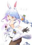  1girl :d animal_ear_fluff animal_ears ass bangs black_gloves black_leotard blue_hair bow braid breasts brown_legwear bunny_ears carrot_hair_ornament commentary_request detached_sleeves don-chan_(usada_pekora) dress eyebrows_behind_hair food_themed_hair_ornament fur-trimmed_dress fur-trimmed_gloves fur_trim gloves hair_bow hair_ornament high_heels hololive leotard long_hair looking_at_viewer looking_to_the_side medium_breasts multicolored_hair open_mouth puffy_short_sleeves puffy_sleeves red_eyes round_teeth shoes short_eyebrows short_sleeves simple_background smile strapless strapless_dress strapless_leotard teeth thick_eyebrows translation_request twin_braids twintails two-tone_hair upper_teeth usada_pekora very_long_hair virtual_youtuber white_background white_bow white_dress white_footwear white_hair white_sleeves yuuzii 
