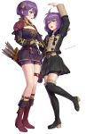  2girls age_comparison arm_up arrow_(projectile) bernadetta_von_varley bob_cut breasts cleavage dual_persona eyebrows_visible_through_hair fingers_together fire_emblem fire_emblem:_three_houses garreg_mach_monastery_uniform gloves gonzarez hair_ornament height_difference highres hood index_fingers_together looking_at_another multiple_girls open_mouth purple_hair quiver school_uniform short_hair shorts shorts_under_skirt simple_background skirt white_background 