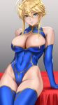  1girl artoria_pendragon_(all) artoria_pendragon_(lancer) bangs bare_shoulders blue_gloves blue_leotard blush braid breasts cleavage cleavage_cutout closed_mouth clothing_cutout covered_navel crown fate/grand_order fate_(series) french_braid gloves hair_between_eyes highleg highleg_leotard highres large_breasts leotard long_hair looking_at_viewer sidelocks smile thighs yamaneko_(tkdrumsco) 