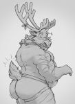  anthro balls barazoku butt capreoline cervid clothed clothing facial_piercing genitals hi_res male mammal monochrome nose_piercing nose_ring overweight overweight_anthro overweight_male pants_down partially_clothed piercing reindeer skaifox solo 