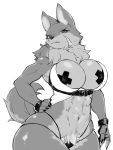  3:4 7fukuinu abs anthro big_breasts bracelet breasts buckle canid canine canis clothed clothing cute_fangs exposed_breasts eyelashes facial_scar female frown fur hand_on_hip hi_res jewelry kemono looking_at_viewer mammal midriff monochrome muscular muscular_anthro muscular_female neck_tuft nipple_tape panties partially_clothed pasties portrait scar solo tape three-quarter_portrait topwear tuft underwear wolf 