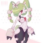  1girl animal_ears artist_name bangs barcode bare_shoulders black_legwear blush bob_cut breasts bunny_ears bunny_tail character_name clarevoir colored_skin commentary covered_navel detached_sleeves english_commentary english_text fusion gardevoir gen_3_pokemon gen_4_pokemon green_hair hair_ornament hair_over_one_eye highres leotard looking_to_the_side lopunny medium_breasts mega_gardevoir mega_lopunny mega_pokemon mixed-language_commentary open_mouth outline pantyhose pink_background pink_outline pokemon pokemon_(creature) rabbit_girl red_eyes shiny shiny_clothes shiny_hair shiny_skin short_hair simple_background skindentation solo standing strapless strapless_leotard tail thick_thighs thighs torn_clothes torn_legwear translated twitter_username two-tone_background watermark white_background white_leotard white_skin wide_hips 