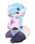  1girl alternate_color bangs black_bra black_legwear black_panties blue_hair blue_skin blush bob_cut bra breasts clarevoir collar collarbone colored_skin commentary commission dr._voir english_commentary gardevoir gen_3_pokemon hair_ornament hair_over_one_eye hairclip highres kneeling large_breasts mixed-language_commentary open_mouth panties pokemon pokemon_(creature) red_eyes shiny shiny_hair shiny_pokemon shiny_skin short_hair simple_background sitting skindentation solo strapless strapless_bra thighhighs thong two-tone_skin underwear underwear_only v_arms white_background white_skin 