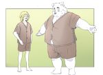  2020 anthro belly bottomwear canid canine canis clothing domestic_dog duo eyes_closed humanoid_hands inunoshippo kemono male mammal overweight overweight_male shirt shorts topwear 