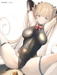  1girl azur_lane black_swimsuit blonde_hair blue_eyes bow breasts cameltoe covered_navel dead_or_alive dead_or_alive_xtreme detached_sleeves eyebrows_visible_through_hair frilled_swimsuit frills hands_in_hair highres impossible_clothes long_hair looking_at_viewer marie_rose medium_breasts one-piece_swimsuit red_bow shiny shiny_clothes shiny_swimsuit skin_tight solo spread_legs swimsuit thigh_strap very_long_hair yusha_(m-gata) 
