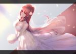  1girl bare_shoulders bouquet breasts cleavage commentary_request dress elbow_gloves flower gloves grin hair_flower hair_ornament kousaka_tamaki large_breasts long_hair looking_at_viewer nakajima_kotoko red_hair smile solo teeth to_heart_2 very_long_hair wedding_dress white_gloves yellow_eyes 