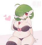  1girl ahoge artist_name bangs barcode belly black_bra black_legwear black_panties blush bob_cut bow bow_bra bow_panties bra breasts cameltoe clarevoir collarbone colored_skin commentary commission english_commentary english_text frilled_bra frills gardevoir gen_3_pokemon green_hair hair_over_one_eye hand_up heart highres index_finger_raised large_breasts looking_to_the_side mixed-language_commentary navel off_shoulder open_mouth panties plump pokemon pokemon_(creature) red_eyes shiny shiny_clothes shiny_hair shiny_skin short_hair simple_background sitting skindentation solo strap_slip thick_thighs thighhighs thighs twitter_username two-tone_background underwear underwear_only watermark white_background white_skin 