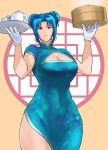  1girl alternate_costume anagumasan bangs baozi blue_dress blue_eyes blue_hair breasts china_dress chinese_clothes double_bun dress earrings food gloves highres jewelry legs leona_heidern looking_at_viewer solo the_king_of_fighters thighs triangle_earrings 