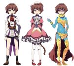  1girl 2boys absurdres black_legwear blue_skin boots brown_hair cat_tail ciconia_no_naku_koro_ni coattails colored_skin dress frilled_dress frills gold_armor hands_together highres mitake_miyao multiple_boys prgdmk shorts tail thigh_boots thighhighs white_legwear yellow_eyes 