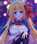  1boy 1girl arm_between_breasts asymmetrical_hair between_breasts blue_eyes blurry blurry_background blush braid breasts cleavage dress eyebrows_visible_through_hair highres holding_hands jewelry large_breasts light_particles long_hair open_mouth orange_hair pecorine_(princess_connect!) pov pov_hands princess_connect! princess_connect!_re:dive proposal ring smile syurimp tareme tiara very_long_hair wedding_band wing_collar 