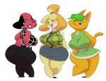 2020 absurd_res animal_crossing anthro barefoot big_breasts big_butt black_bottomwear black_clothing black_eyes black_pants blue_eyes bottomwear breasts brown_hair butt canid canine canis cherry_(animal_crossing) clothing digital_media_(artwork) domestic_cat domestic_dog dress ear_piercing elemental_creature felid feline felis female flora_fauna food food_creature freckles fruit full-length_portrait green_clothing green_dress green_shirt green_topwear hair hands_on_hips hi_res isabelle_(animal_crossing) leaf_on_head living_fruit looking_at_viewer looking_back mammal nintendo open_mouth orange_body pants patch_(marking) pattern_clothing pattern_shirt pattern_topwear piercing plaid plaid_clothing plaid_shirt plaid_topwear plant ponytail portrait red_body shih_tzu shirt simple_background skirt slb sleeveless_dress sleeveless_shirt standing striped_clothing striped_shirt striped_topwear stripes tangy_(animal_crossing) teeth thick_thighs topwear toy_dog trio video_games white_background white_belt wide_hips yellow_body 