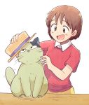  1girl blush_stickers brown_eyes brown_hair cat collared_shirt hand_on_headwear hat holding holding_clothes holding_hat looking_away mimi_wo_sumaseba open_mouth red_shirt shirt short_hair skirt studio_ghibli the_baron top_hat tsubobot tsukishima_shizuku whiskers 