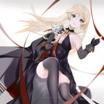  1girl aiguillette artist_request azur_lane bismarck_(azur_lane) bismarck_(beacon_of_the_ironblood)_(azur_lane) bismarck_(coat_of_arms) black_dress black_legwear blonde_hair blue_eyes breasts character_name cleavage cleavage_cutout clothing_cutout coat_of_arms commentary_request dress elbow_gloves elbow_rest fingerless_gloves gloves highres iron_blood_(emblem) iron_cross long_hair red_ribbon ribbon sideboob thighhighs 