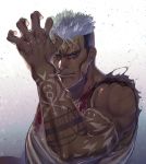  1boy arm_tattoo arm_up biceps blood bloody_clothes closed_mouth cross_scar dark_skin dark_skinned_male fullmetal_alchemist gradient gradient_background grey_shirt highres looking_at_viewer male_focus muscle muyukikiyoshi11521 open_hand red_eyes scar scar_(fma) scar_on_face shirt short_hair sleeveless solo tattoo upper_body white_background white_hair 