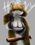  4_fingers anthro baseball_bat bat_(object) black_eyes blush bottomwear bra butterscotch_(peargor) canid canine canis clothing domestic_dog eyebrows female fingers gesture go_to_horny_jail grey_background hair leaning leaning_forward mammal meme nipple_outline pointing pointing_at_viewer shiba_inu short_hair shorts simple_background solo spitz text thomas_la_merde thomaskoebelestunegentillemerde underwear white_eyebrows 