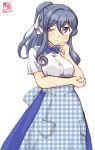  1girl alternate_costume apron artist_logo bangs blue_apron blue_bow blue_eyes blue_hair blue_neckwear blue_skirt bow bowtie checkered_apron collared_shirt commentary_request dated dress_shirt employee_uniform eyebrows_visible_through_hair gingham_apron gotland_(kantai_collection) hair_between_eyes high-waist_skirt highres kanon_(kurogane_knights) kantai_collection kobeya kobeya_uniform long_hair mole mole_under_eye one_eye_closed ponytail shirt simple_background skirt smile solo uniform waitress white_background white_shirt 