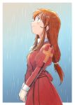  1girl brown_eyes brown_hair closed_mouth cross cross_necklace dress erica_fontaine eyebrows_visible_through_hair glint jewelry juliet_sleeves long_hair long_sleeves looking_up low-tied_long_hair necklace profile puffy_sleeves rain red_dress sakura_taisen sakura_taisen_iii sidelocks smile tsubobot upper_body 