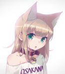  1girl 40hara animal_ear_fluff animal_ears bangs blonde_hair bloom blunt_bangs cat_ears clothes_writing collar collarbone commentary_request green_eyes highres kinako_(40hara) long_hair looking_at_viewer open_mouth original pet_collar red_collar shirt simple_background solo t-shirt upper_body white_background white_shirt 