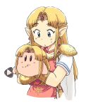  1girl 1other bangs blonde_hair blue_eyes blush_stickers cape dress earrings eating holding jewelry kirby kirby_(series) long_hair necklace parted_bangs parted_lips pearl_necklace pointy_ears princess_zelda raised_eyebrows shoes short_sleeves straight_hair super_smash_bros. the_legend_of_zelda the_legend_of_zelda:_a_link_between_worlds tiara triforce tsubobot tunic vambraces white_dress 