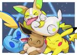  &gt;_&lt; border closed_eyes closed_mouth commentary_request eevee fangs gen_1_pokemon gen_8_pokemon highres no_humans nullma open_mouth outside_border paws pikachu pokemon pokemon_(creature) smile sobble tongue tongue_out white_border yamper 
