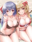  2girls akino_irori alternate_breast_size bangle bare_arms bare_shoulders beach bikini black_bikini black_wings blonde_hair blue_hair bow bracelet breasts cleavage collarbone flandre_scarlet hair_bow highres jewelry large_breasts long_hair looking_at_viewer multiple_girls navel outdoors red_bikini red_bow red_eyes remilia_scarlet sitting smile swimsuit touhou wings wristband 