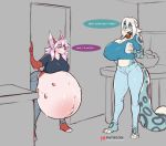  anthro belly big_belly big_breasts breasts canid canine cleavage clothed clothing felid feline female fox hi_res huge_breasts hyper hyper_belly hyper_pregnancy mammal pregnant speech_bubble text the_dogsmith 